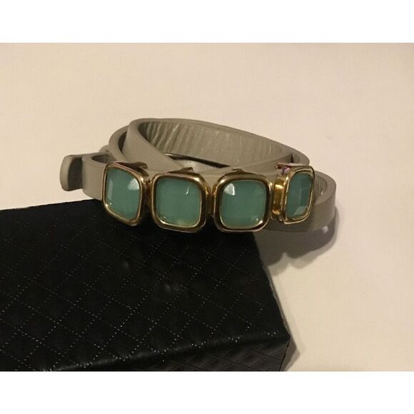 New~Trendy Taupe Leather & Peru Chalcedony Gemstone Wrap Buckle Bracelet - Picture 3 of 4